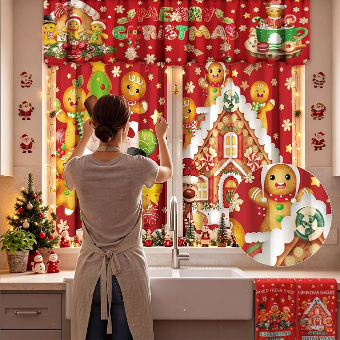 13 Pcs Gingerbread Man Kitchen Set, Towel Rug Valance Mitts | Nonslip Rugs and Mats, Festive Valance with Baking Decor, Pot Holders Included, Gingerbread Theme Design, Holiday Cooking