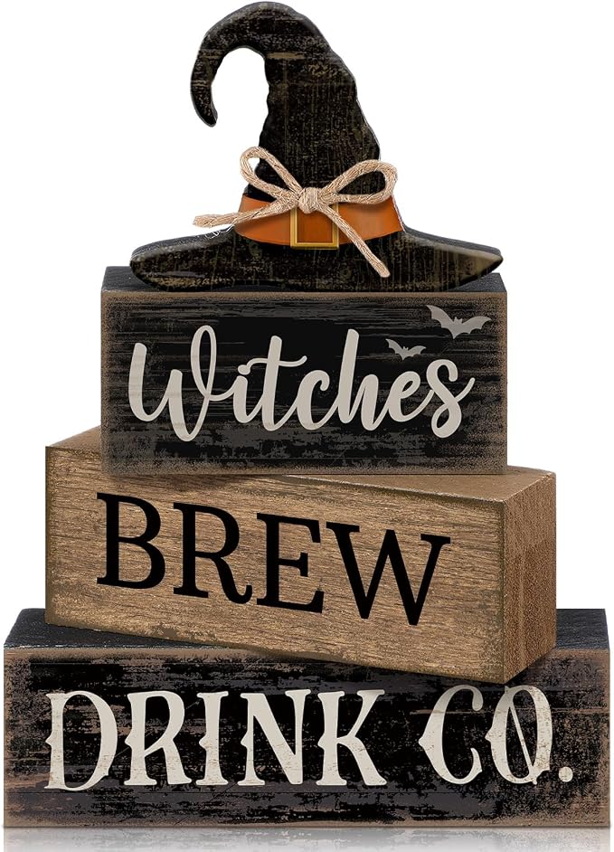 Lineshading 4 Pcs Halloween Witch Wood Block Signs, Tiered Tray Decor | Rustic Wooden Blocks with Witches Brew Theme, Distressed Farmhouse Style for Tabletop, Fall Party Home Decoration