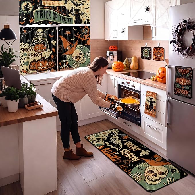 13 Pcs Halloween Gothic Kitchen Set with Towels Terror Forest Bat Nonslip Mats Skull Curtains Valance Pot Holders Oven Mitts for Halloween Kitchen Dining Table Home Accessories