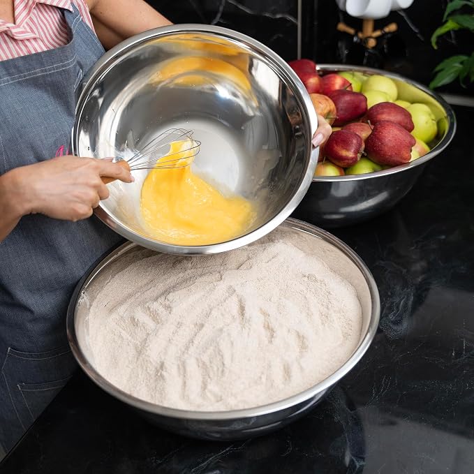 8 Quart Large Stainless Steel Mixing Bowls Set, 3-Pack, Nesting Bowls | Extra Large Commercial Grade Metal Bowls for Meal Prep, Baking, Serving, Food Storage. Rustproof & Dishwasher Safe