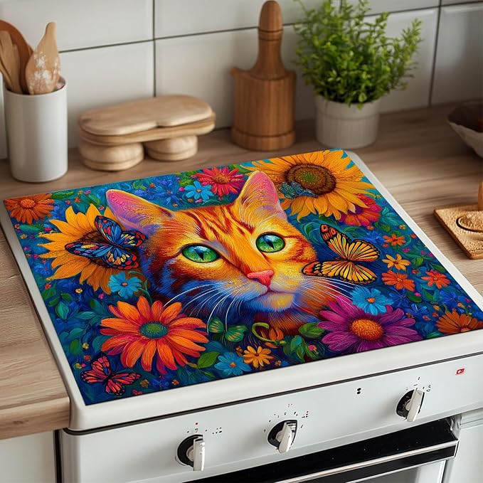 HOMETITUTE Vibrant Cat Stove Top Covers for Electric Stove Cover 28x20 Inches Heat Resistant Diatomite Glass Top Pad Protector Stovetop Cover Decorative Kitchen Mat for Cooktop Countertops and Sinks
