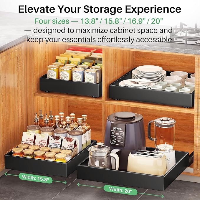 Pull out Cabinet Organizer, 21"Deep, 11.8"Wide Full-Extension Heavy Duty Slide out Drawers with Nano Adhesive, Roll Out Shelves Sliding Cabinet for Kitchen, Bathroom, Pantry,Under Sink Storage(Black)