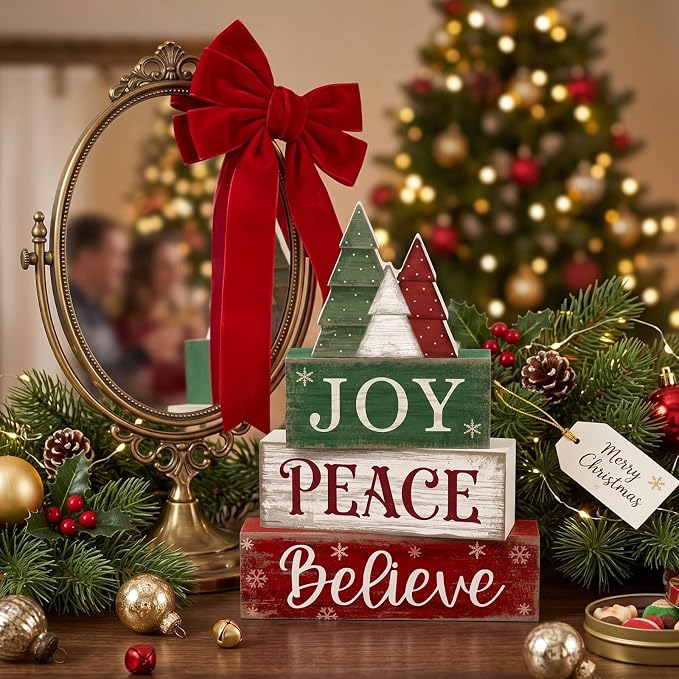 Lineshading 4 Pcs Christmas Table Decor, Wooden Tree Block Sign Home Tray | Red Green White Rustic Tree, Christmas Centerpiece For Tiered Tray, Wooden Block Display, Holiday Kitchen Shelf Home Decor