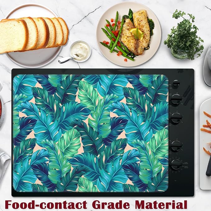 Watercolor Green Leaves Stove Top Cover Glass Cooktop Heat Resistant Cover,Ceramic Stove Top Covers Mat Prevents Scratching Stoves/Counter/Washer Protector, 28x20 in