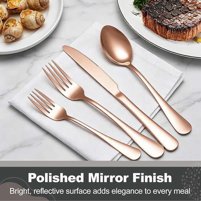 Runfly 40-Piece Rose Gold Flatware Set, Stainless Steel Cutlery Set for 8 | Mirror Polished Durable Utensil Set Includes Knife Fork Spoon for Home Kitchen Restaurant Tableware