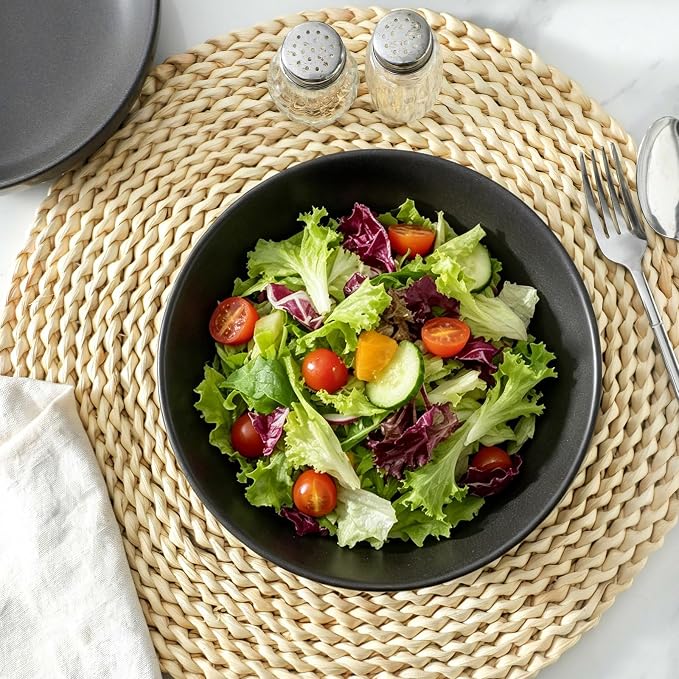 Stoneware Pasta Bowls, 34 oz Large Salad Bowl Set of 4, Ceramic Serving Bowls for Ramen, Pasta, Fruit, Cereal, Dinner, Wide and Shallow Bowls, Microwave & Dishwasher Safe, Matte Black