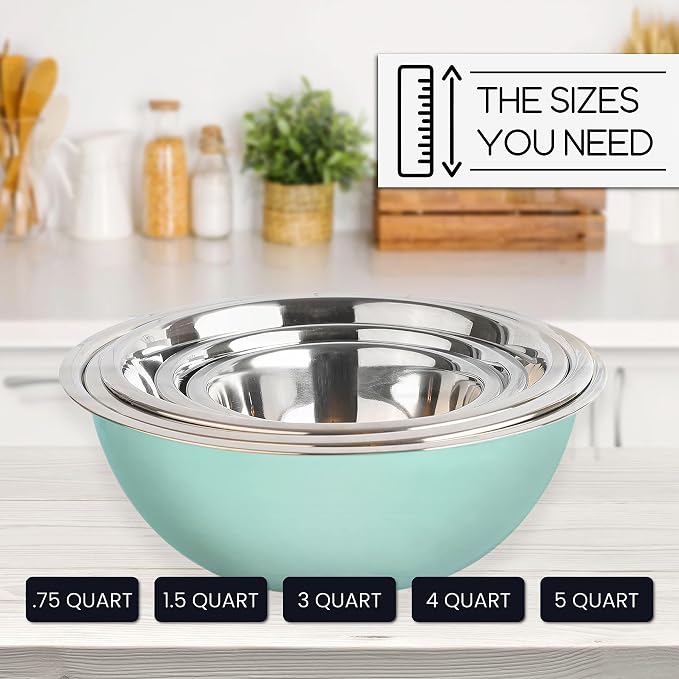 WHYSKO Stainless Steel Mixing Bowls Set, 5-Piece Meal Prep & Food Storage | .75, 1.5, 3, 4 & 5 Quart Metal Mixing Bowls Set for Prep, Serving, Baking & Food Storage, Ecofriendly, Dishwasher Safe, Blue