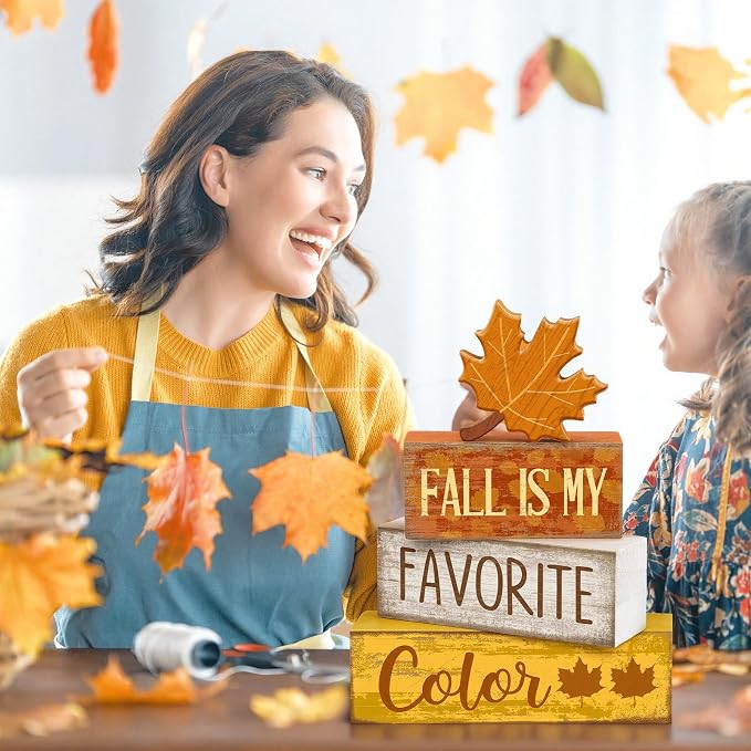Lineshading 4 Pcs Fall Wooden Block Signs Farmhouse Tabletop Maple Leaf | Rustic Tiered Tray Decor, Stackable Autumn Blocks with Maple Leaf Cutout, Gift for Farmhouse Table Centerpiece Display
