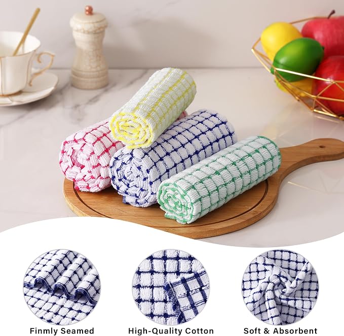 Kitinjoy Cotton 24 Pack Terry Kitchen Dish Cloths, Mixed Color | 12 x 12 Inches Super Soft and Absorbent Dish Rags, Quick Drying Dish towels for Washing Dishes