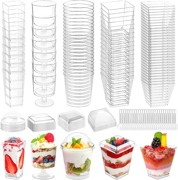 Plastic Dessert Cups with Lids and Spoons 3 oz, 3.5 oz and 5 oz | Mini Dessert Cups with Lids, Clear Yogurt Cups with Lid, Small Appetizer Cups for Fruit Party Pudding Shooter 185 packs