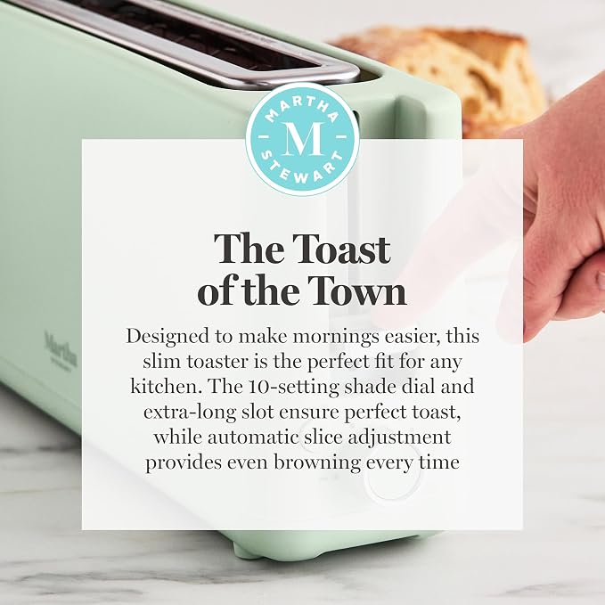 Martha Stewart 2 Slice Long Slot Toaster, Extra Wide, Honeydew | 10 Shade Settings, 10” Wide Slot, Sourdough, Bagels, Artisan Bread & Waffles, Smart Centering, Removable Crumb Tray