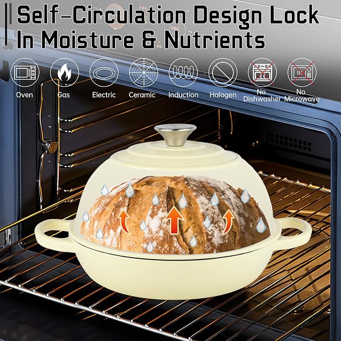 Enameled Cast Iron Bread Oven Dutch Oven Pot with Lid Beige | Bread Dutch Oven for Sourdough Bread Baking, 6 Quarts 10" Bread Pan with Dome Lid, Non-stick Cookware for Homemade Bread