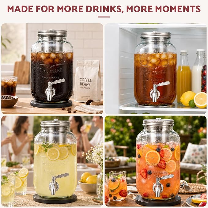 JunVpic Cold Brew Coffee Maker, 128 oz/1 Gallon Glass Pitcher | Wide mouth, heavy-duty, leakproof lid, stainless steel filter and spigot for iced coffee, lemonade, tea and fruit drinks