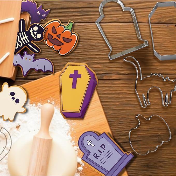 OHOME 9 PCS Halloween Cookie Cutters Kit Halloween Party Favors - Shaped in Bat Ghost Cat Pumpkin Coffin | Stainless Steel Halloween Party Decorations Food Baking Supplies for Kitchen