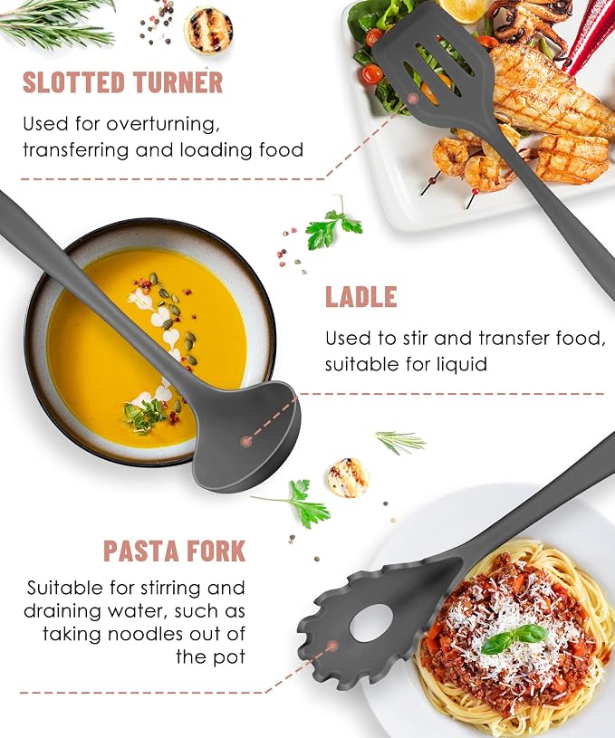 Gray Kitchen Utensils Set-12 Pieces Silicone Cooking Utensils Set | Dishwasher Safe 392°F Heat Resistant Spatula Set Kitchen Utensil Set for Nonstick Cookware,Best Kitchen Tools with Holder