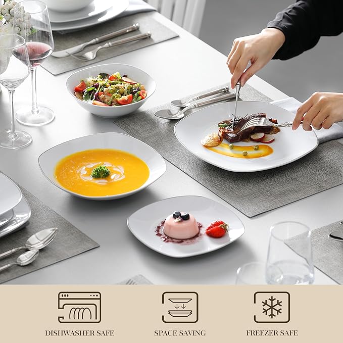 MALACASA Dinnerware Sets, 24 Piece Porcelain Square Dishes, White with Silver Rim Plates and Bowls Sets, Ceramic Dish Set for 6, Chip Resistant Dishware Sets, Series ELISA | White Ceramic Plates and Bowls Sets for Serving, Chip Resistant, Microwave & D...