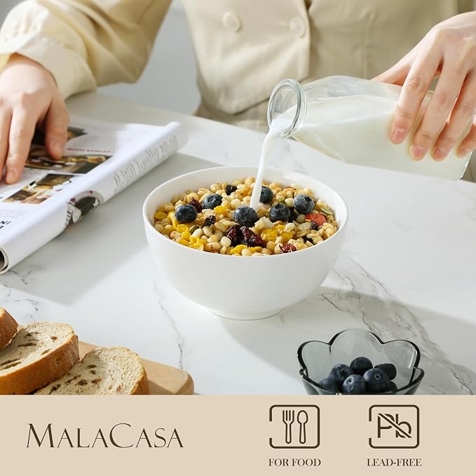 MALACASA 26 Oz Ceramic Soup Bowls Set of 6, White Cereal Bowls for Kitchen | Perfect for soup, cereal, ramen, rice, oatmeal & salad; Scratch-resistant ; stackable, microwave, oven & dishwasher safe