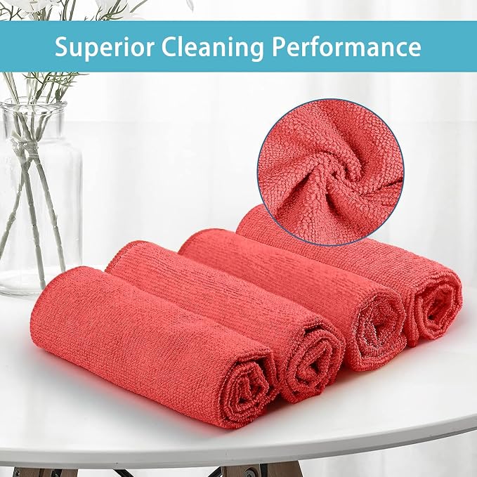 HOMEXCEL 100PK Microfiber Cleaning Cloth, Cleaning Rag for Home, 11.5x11.5 | Reusable, Lint Free, Scratch-Free and Highly Absorbent Towels for Kitchen, Bathroom, Toilet, Sink, Red
