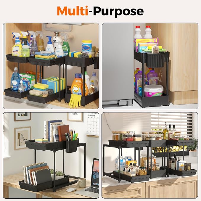 3-Pack 2-Tier Under Sink Organizers with Sliding Drawers | Multi-use kitchen & bathroom storage, 14.8 inch 2-Tier Sliding cabinet organizer, space-saving sliding drawer design.