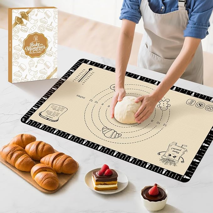 Silicone Baking Mat with Recipes, Silicone Mat for Baking Macaron, Bread, Pizza, Surdough, Silicone Baking Mat with Measurement, Non Stick Pastry Mat for Dough Rolling