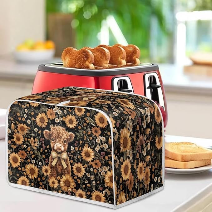 Highland Cow Sunflower Toaster Cover 2 Slice Dustproof Toaster Bread Maker Cover Small Kitchen Appliance Fingerprint Protection Kitchen Decor