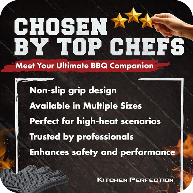 KITCHEN PERFECTION XL Silicone Smoker BBQ Gloves -Heat Resistant Oven Mitts | Waterproof, 5-Finger Design For A Better Grip, for Pitmasters, Meat Smoking, Grilling, Cooking, Frying Turkey | Grill Gift
