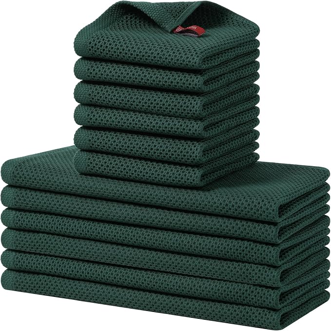 Homaxy 12 Pack 100% Cotton Kitchen Towels and Dishcloths Set,Blackish Green | 12 x 12 Inches and 13 x 28 Inches Kitchen Towels Set, Ultra Soft Absorbent Dish Cloths for Washing Dishes