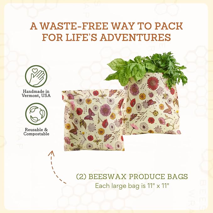 Bee's Wrap Beeswax Produce Bags, 2 Pack - Meadow Magic | Organic Beeswax Wraps - Plastic Free - Reusable Produce Storage - Fruits, Vegetables & Farmers Market - Made in USA