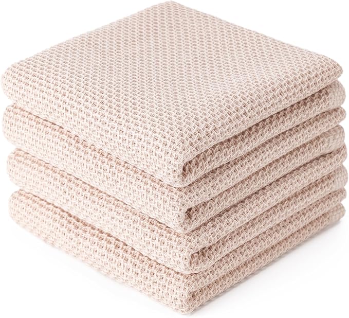 BOOMIBOO 4-Pack Dish Towels,100% Cotton Waffle Weave,13x28 in,Beige | Ultra Soft Absorbent, Quick Drying