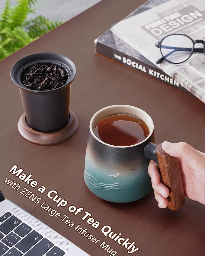 ZENS Tea Mug with Infuser and Lid for Loose Tea Steeper, 14.5oz Blue | Embossed Ceramic Tea Cup with Infuser for Herbal Tea Difussers, Tea Lovers Gifts, Modern Organic Wood Handle