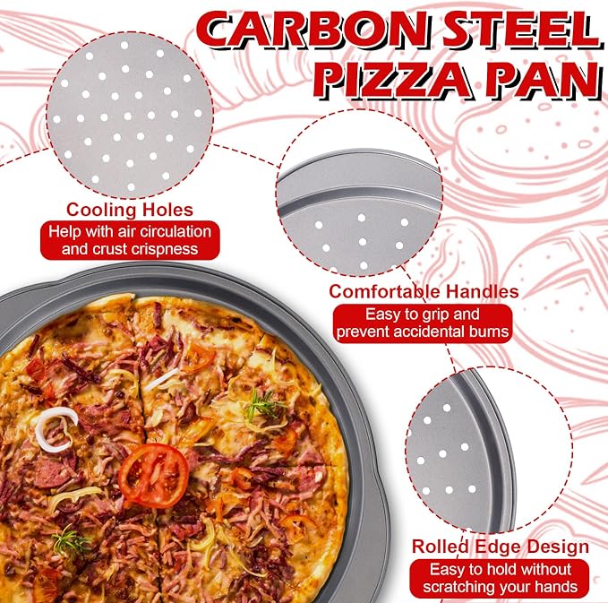 13" Round Pizza Pan for Oven, 2 Pack | Non-stick Carbon Steel, With Holes, Handle, Easy to Clean, Oven Safe
