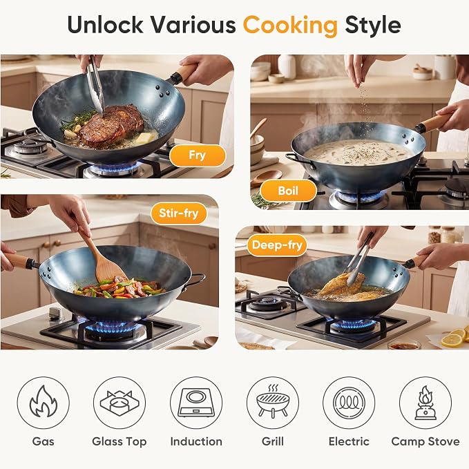 NEWBULIG 13.5" Carbon Steel Wok Pan, Pre-Seasoned Flat Bottom Wok for Stir Fry, BBQ, Grill & Camping, Compatible with Induction, Electric, Gas and Open Fire, Blue