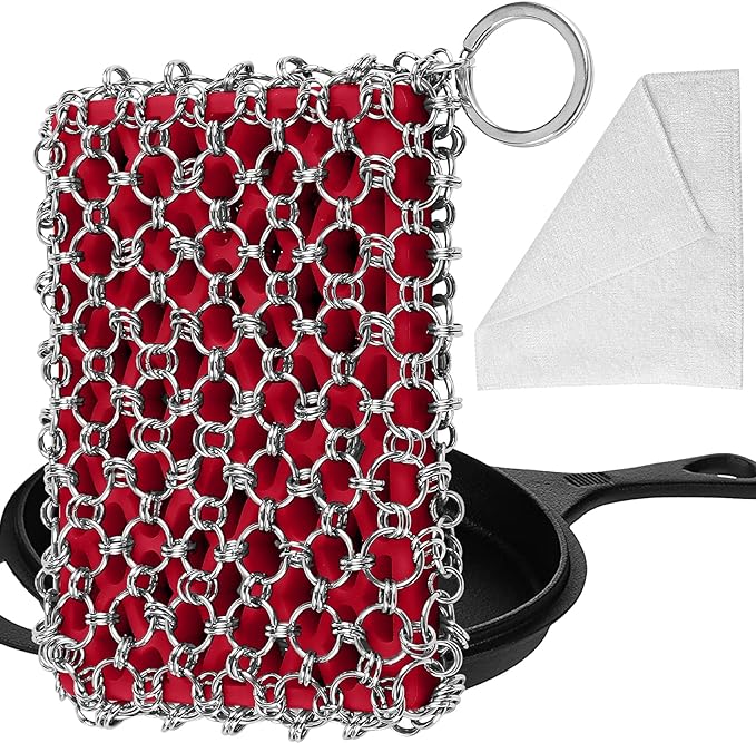 Herda 316L Cast Iron Scrubber Cleaner, Large Cast Iron Chain Mail Scrubber | Chainmail Scrubber for Cast Iron Cleaning, Skillet, Pan, Pot, Wok,Dutch Oven,Chainmail Scrubber Sponge Cleaning Kit-Red