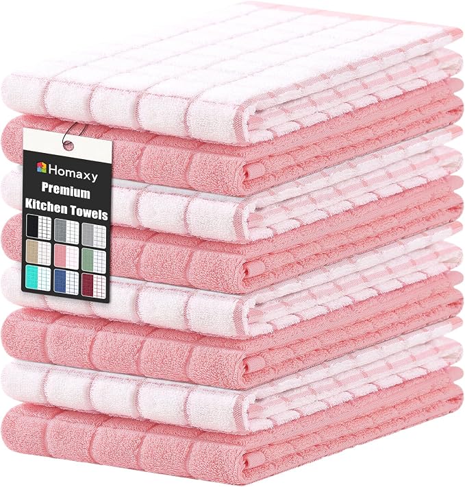 Homaxy Large Premium Cotton Kitchen Towels 16"x 28", 8 Pack, Pink | Natural Ring Spun 390 GSM Dish Towels, Super Absorbent Terry Kitchen Hand Towels, Soft Tea Towels with Hanging Loop