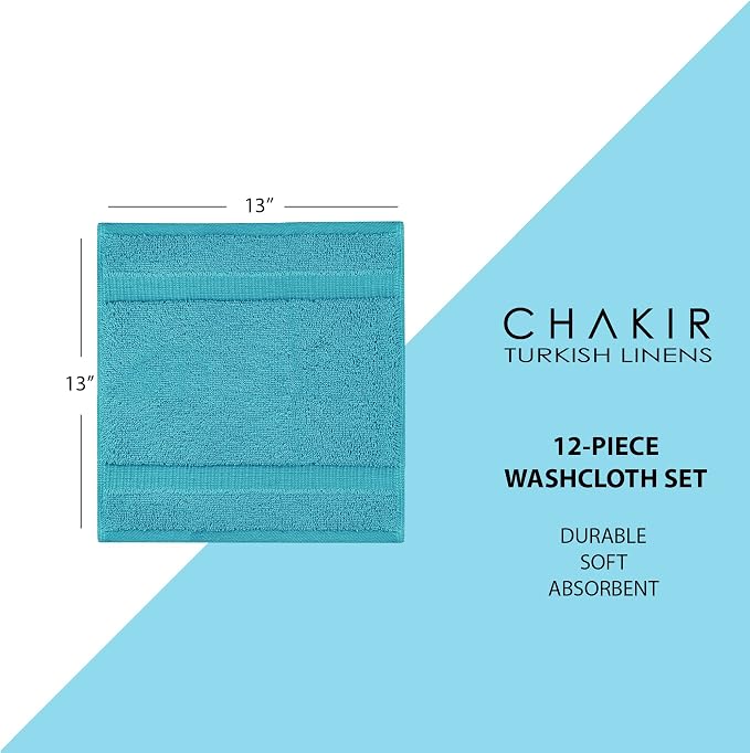 Chakir Turkish Linens 12 Piece Washcloth Set, 100% Cotton Luxury Turkish Washcloths for Bathroom, Soft Absorbent Washcloths, 13 x 13 Inches, Aqua