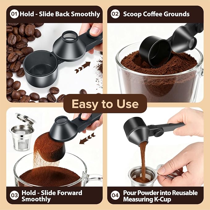 Coffee Scoop with Built-in Funnel & Long Handle - Precision Dosing Spoon for Reusable K-Cups, Protein Powder Scoop, Ground Coffee - 2 Tbsp Measuring Spoon, BPA-Free PCTG, Black (1 Pack)