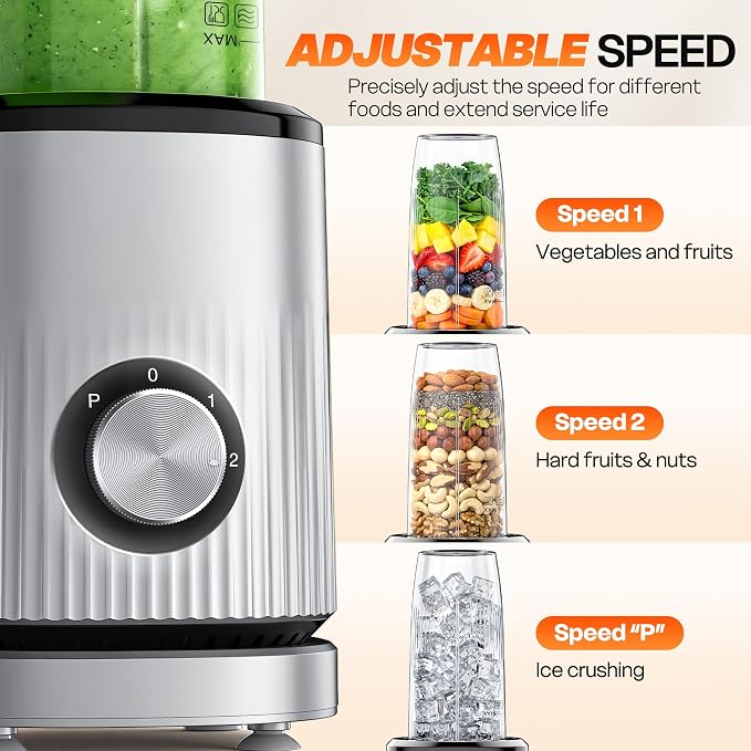 Turelar Personal Blender for Smoothies 2*24oz To-Go Cups, Adjustable Speed | Single Serve Portable Smoothie Maker for Shakes & Frozen Drinks, Food Prep, w Nutritious Recipe, BPA-Free, Upgraded Version