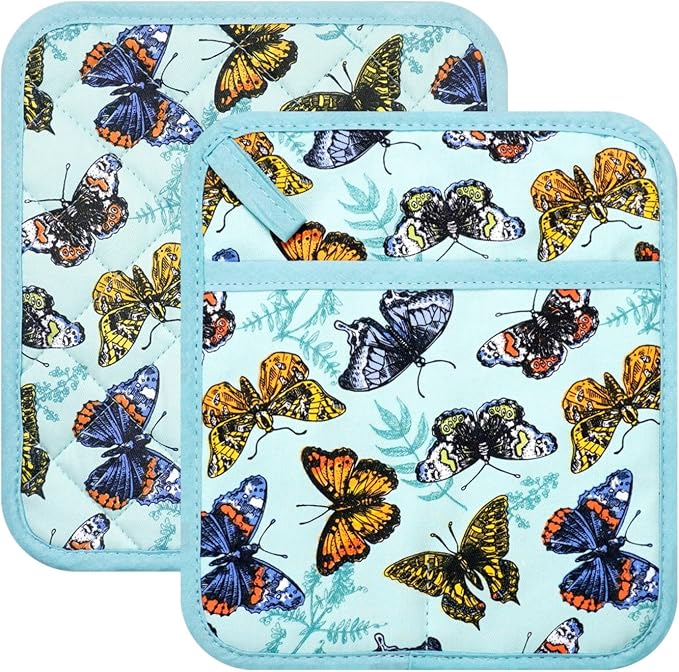 Pot Holders Set of 2 Heat Resistant 480℉ Kitchen 100% Cotton | Comfortable Lining Printing Butterfly Flower Women Men Home Cooking Baking Microwave BBQ Gift (Butterfly potholders)