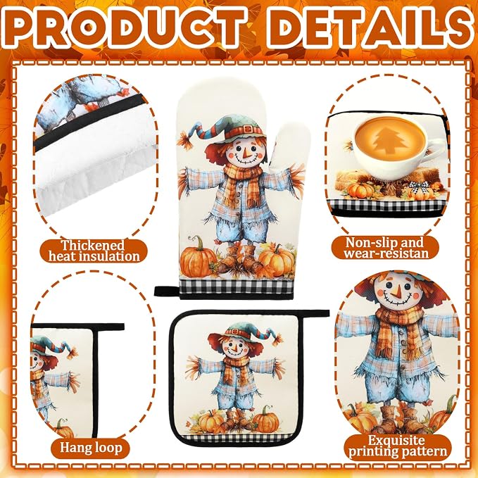Fanfanwin 10 Pcs Thanksgiving Scarecrow Kitchen Decor Set Kitchen Towels Pot Holders Oven Mitts and Rugs Set Thanksgiving Towels for Baking Cooking BBQ Autumn Home