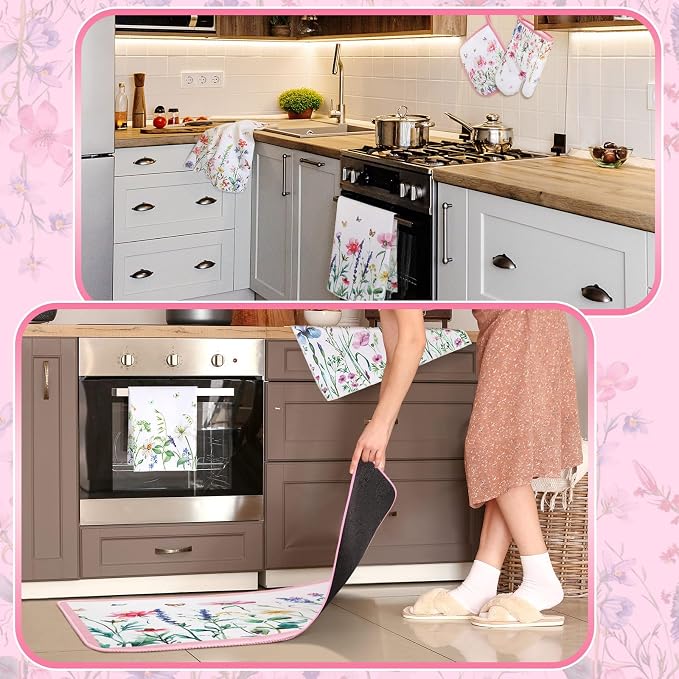 Fourluoo 10 Pcs Wildflower Kitchen Dish Towels Rugs Oven Mitts and Pot Holders Set Farmhouse Kitchen Decor Set for Women Mom Daughter Gift Cooking Baking Grilling (Pastel Pink White)