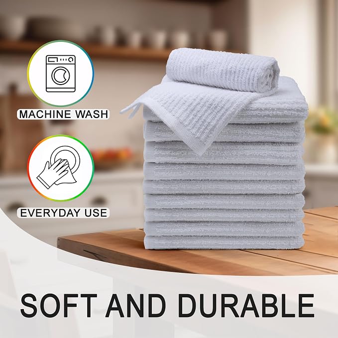 Textila Bar Mop Towels - 16x19 Inches - Pack of 12 - White - Cotton Dish Cloths & Cleaning Towels for Kitchen, Bar, Restaurant, Household Use – Absorbent, Durable, Reusable