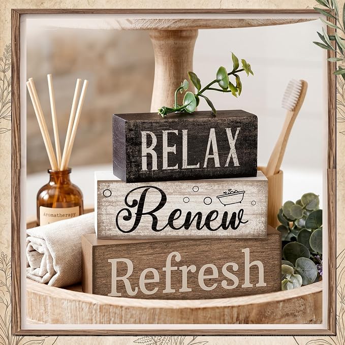 Lineshading 4 Pcs Wooden Farmhouse Block Signs Relax Renew Refresh | Rustic Tiered Tray Decor for Bathroom Shelf, Living Room, Farmhouse Home Decorations, Distressed Wood Finish with Greenery