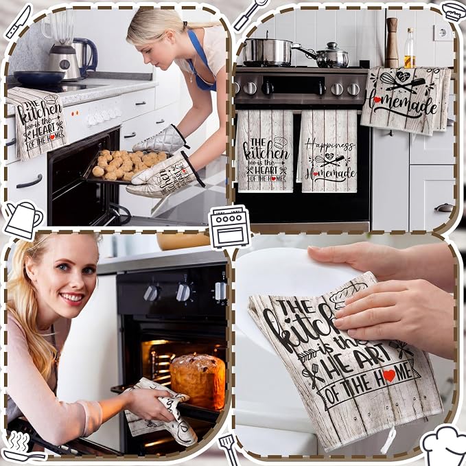 Sratte 6 Pcs Kitchen Decor Accessories Set, Kitchen, White Wood Grain | Farmhouse Kitchen Towels Pot Holders Oven Mitts Set 2 Dish Towels 2 Potholders 2 Cooking Mittens for Baking Cooking Supply