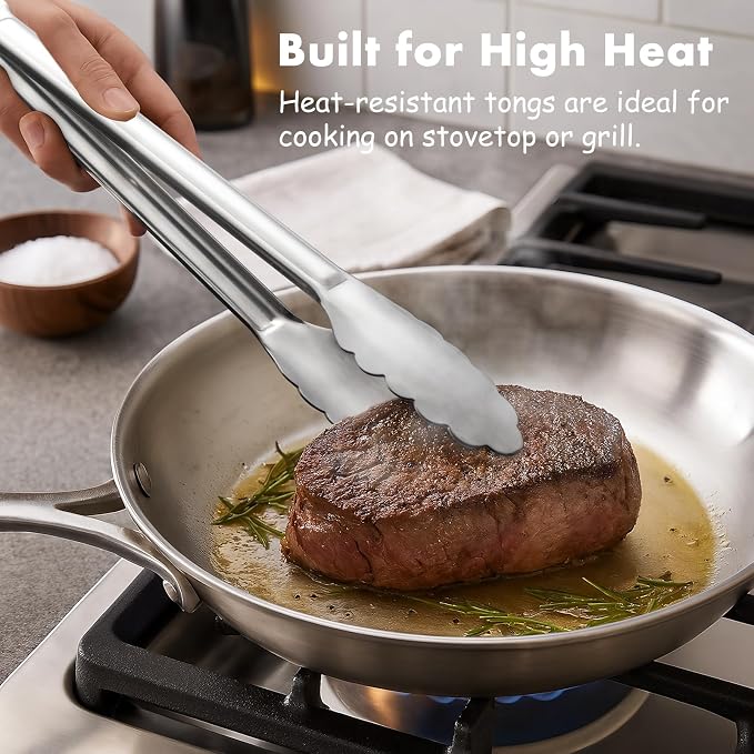 OYV Seamless Tongs for Cooking, One-Piece Design, Durable Heat Resistant Stainless Steel Tongs for Kitchen, Grill, BBQ, Salad, Dishwasher Safe, Metal Tongs Set (12" & 9")