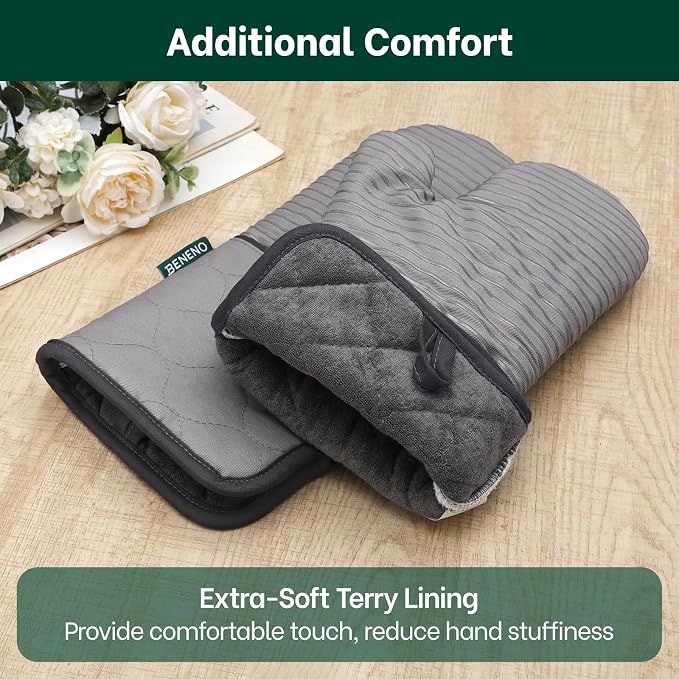 Beneno Heat Resistant 500°F Kitchen Oven Mitts 2-Pack, 7.5"x14.3", Gray | Textured Non-Slip Silicone Grip, Extra Long Forearm Protection, Soft Quilted Cotton Terry Lining, Ideal for Baking & Grilling