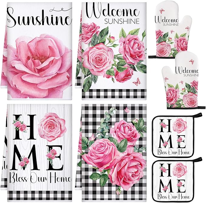 Leinuosen 8 Pcs Pink Rose Kitchen Towels and Dishcloths Sets Pot Holders and Oven Mitts Sets Absorbent Kitchen Gloves Potholders Heat Resistant for Chef Baking Cooking