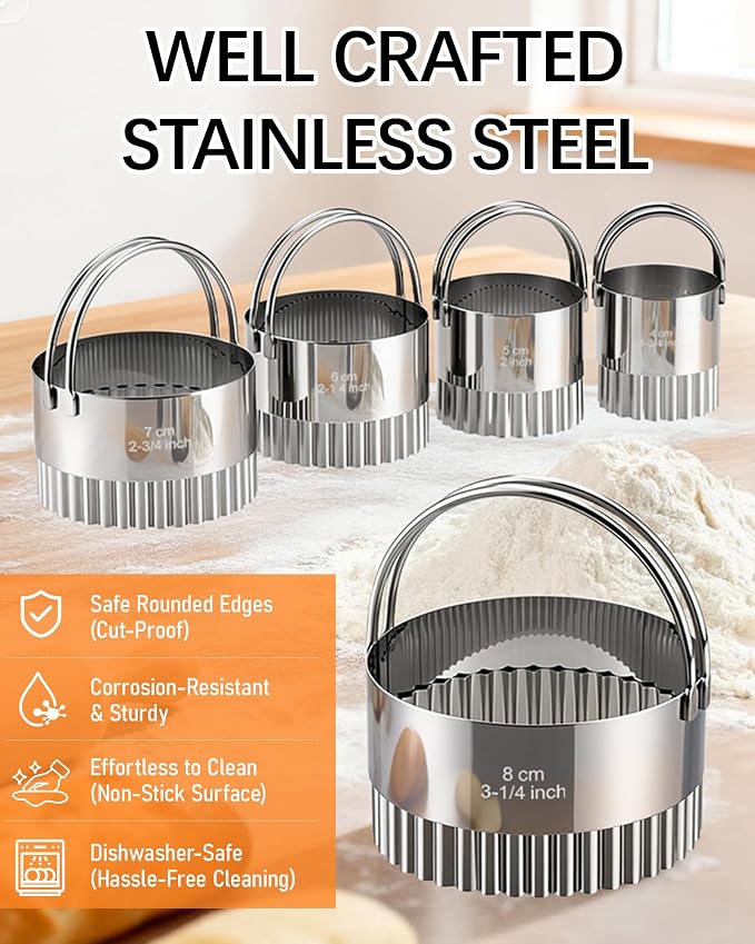 Biscuit Cutter Set with Handle, 5pcs Fluted Cookie Cutters | Pastry, Cakes, Donut Baking Tool, Stainless Steel, Dishwasher Safe, In/cm Markings, Ergonomic Arched Grip