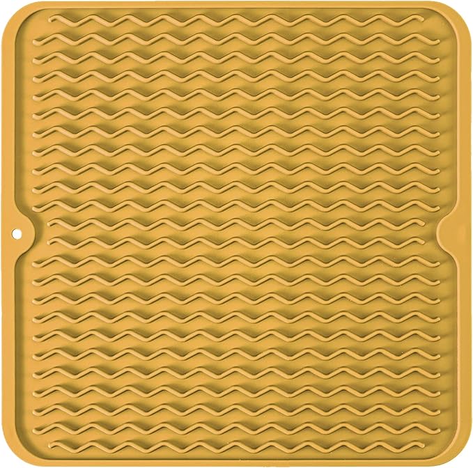 Silicone Dish Drying Mat, Non-Slip Easy Clean Sink Mat, Yellow, 12" x 12" | Quick-Dry Ridges, Large Heat-resistant Dish Drainer Mat for Kitchen Counter, Hangable & Roll-Up for Storage, Dishwasher Safe