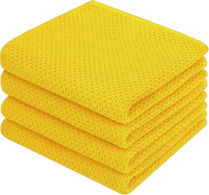 Homaxy 100% Cotton Waffle Weave Kitchen Dish Towels 4-Pack, Yellow | 13 x 28 Inches, Ultra Soft Absorbent Dish Towels, Quick Drying Cleaning Towels