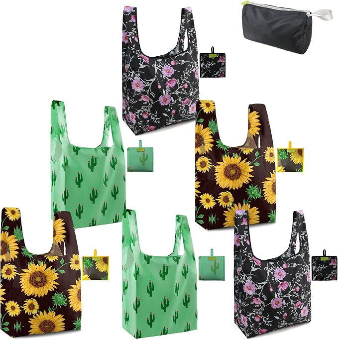 BeeGreen Floral Reusable Grocery Bags Bulk 6 Packs X-Large50LBS, Reusable Shopping Bags Foldable for Groceries, Vegetables, Fruits Bulk Tote Bags Washable For Women Men